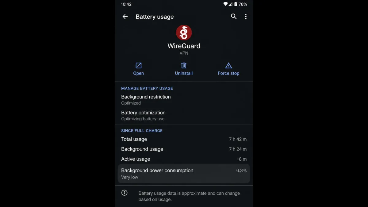 An Android battery-usage settings screen showing a VPN app with low background power consumption, illustrating WireGuard's light CPU overhead on mobile.