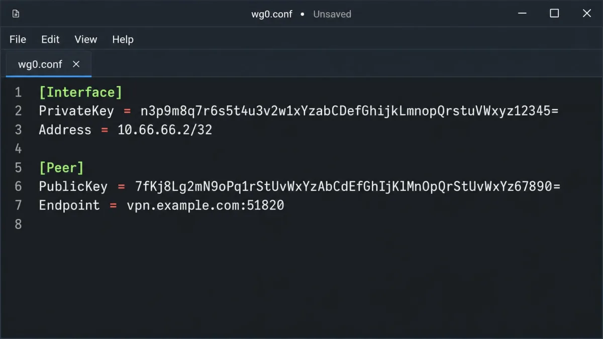 A WireGuard configuration file open in a text editor, showing the short [Interface] and [Peer] sections with a private key, public key, and a single server endpoint address.