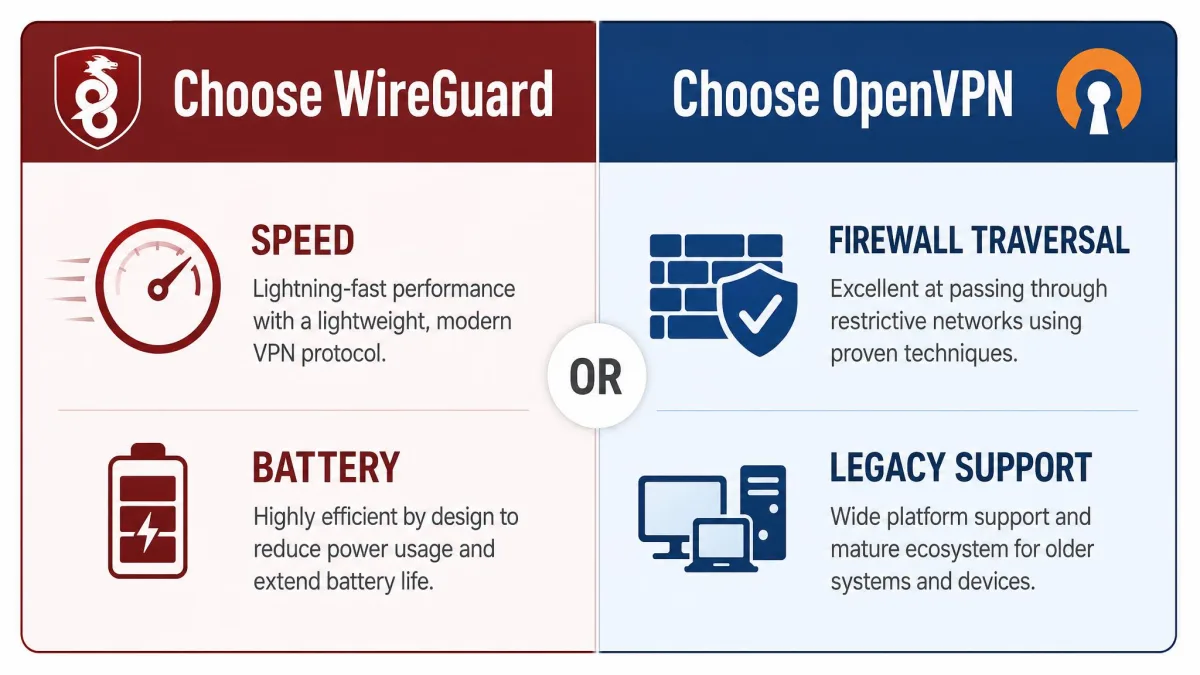 A two-column decision graphic headed Choose WireGuard and Choose OpenVPN, listing speed and battery on one side and firewall traversal and legacy support on the other.