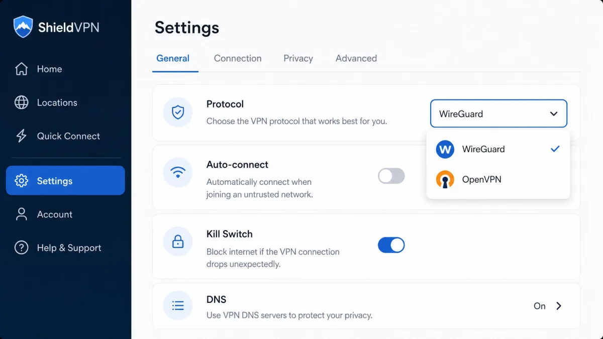 A VPN app settings screen showing a protocol selection dropdown with WireGuard and OpenVPN listed as the two options, illustrating the everyday choice this guide addresses.