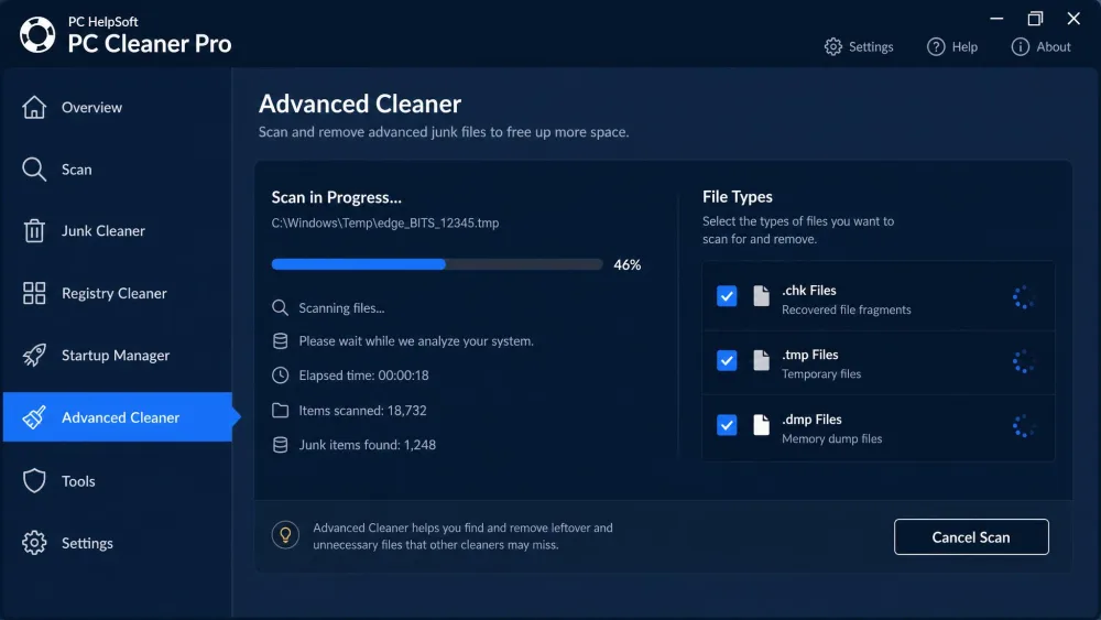 The Advanced Cleaner tab mid-scan, with a file-type checklist for .chk, .tmp, and .dmp files.