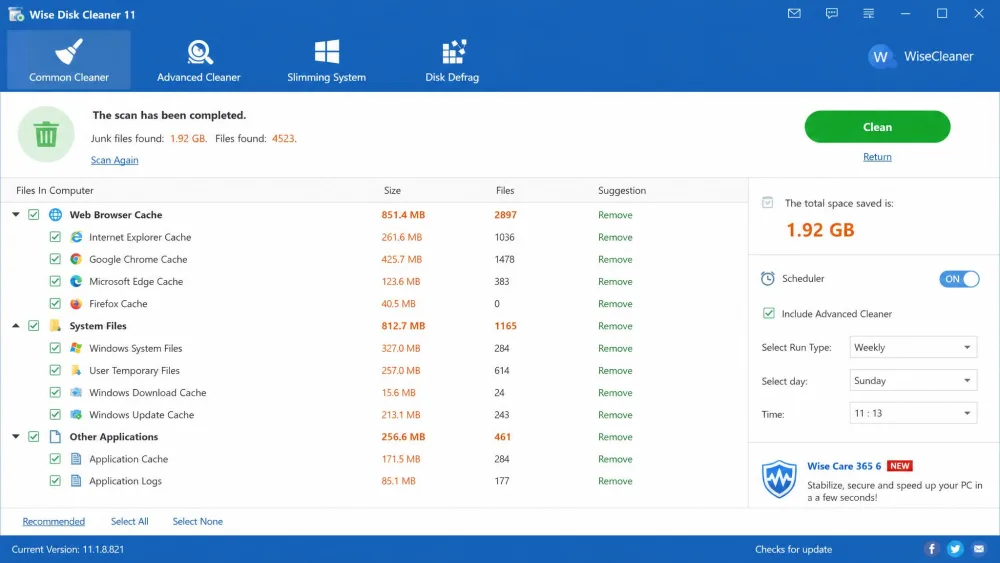 Wise Disk Cleaner's Common Cleaner results listing junk found across browser cache, temp files, and system logs.