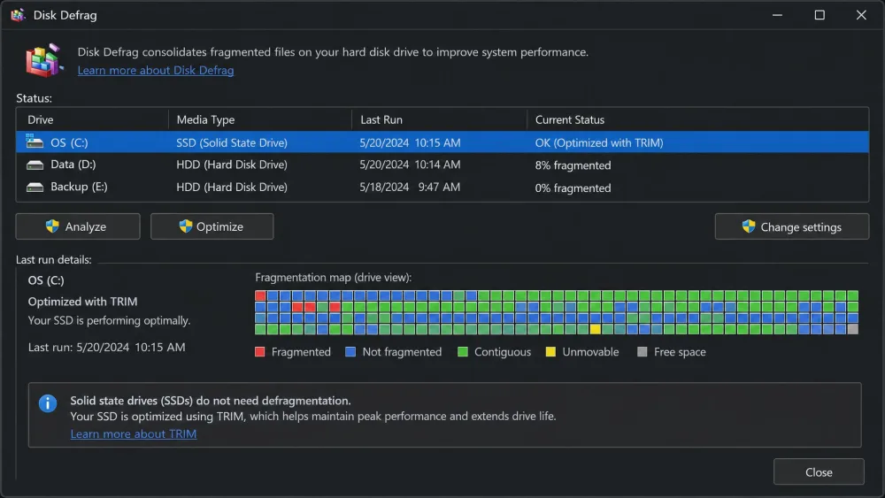 The Disk Defrag view with a color-coded fragmentation map and a note that SSDs are optimized with TRIM.