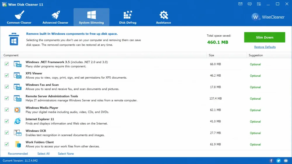 Wise Disk Cleaner's System Slimming tab listing removable built-in Windows components, about 460 MB in total.