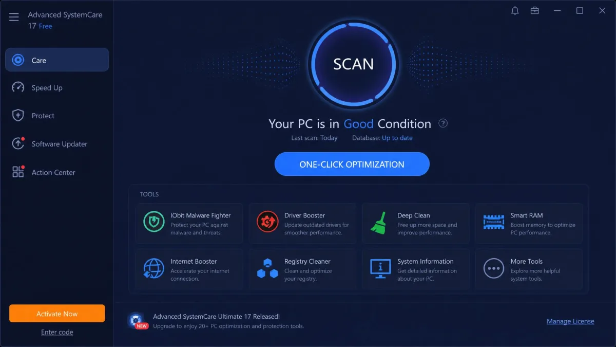 Advanced SystemCare's dashboard with the one-click optimization button and tools list.