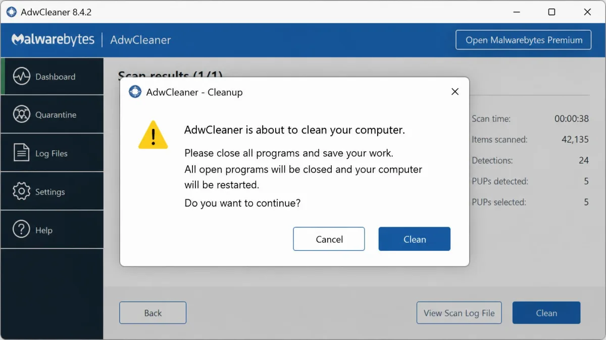 AdwCleaner's cleanup prompt warning that it will close all programs and restart the PC, with Cancel and Clean buttons.