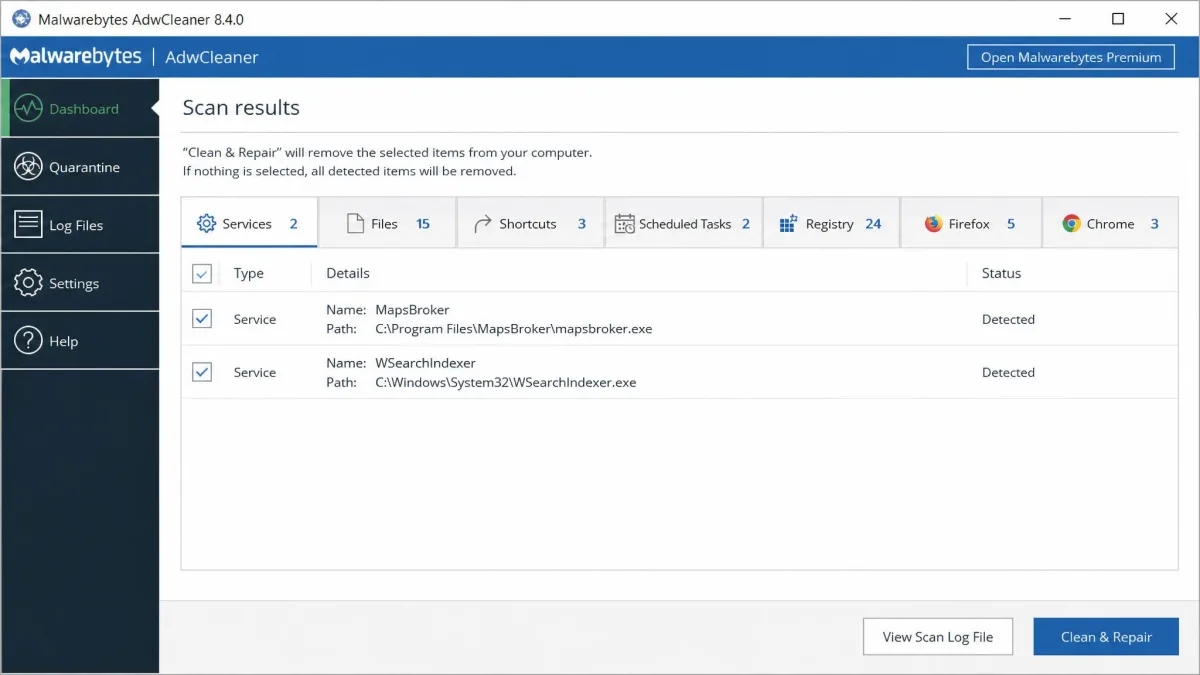 AdwCleaner's scan results screen with detection tabs for Services, Files, Shortcuts, Scheduled Tasks, Registry, Firefox, and Chrome.