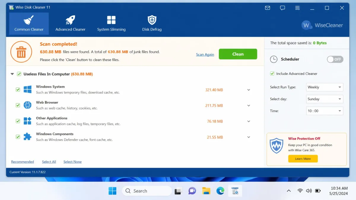 Wise Disk Cleaner scan results listing 630.88 MB of junk on a Windows 11 test PC.