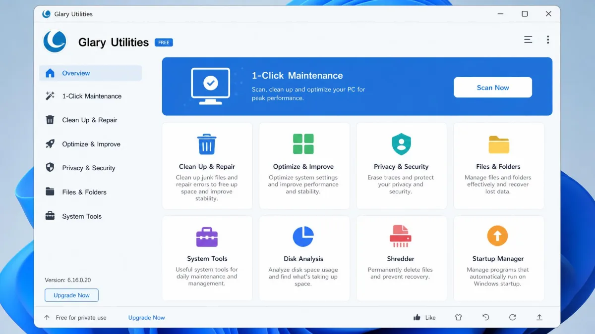 The Glary Utilities main window on Windows 11, showing the module grid with the 1-Click Maintenance button at the top.