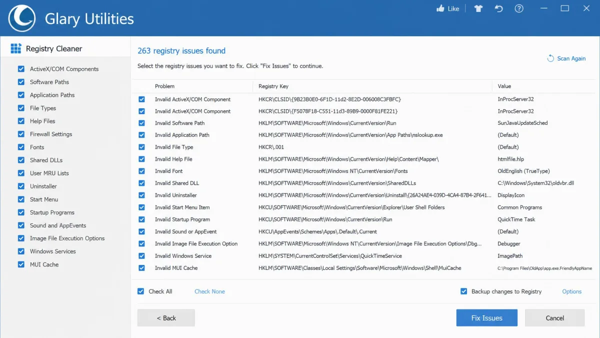 Glary Utilities' Registry Cleaner results screen, listing detected registry issues item by item with checkboxes and a backup option.