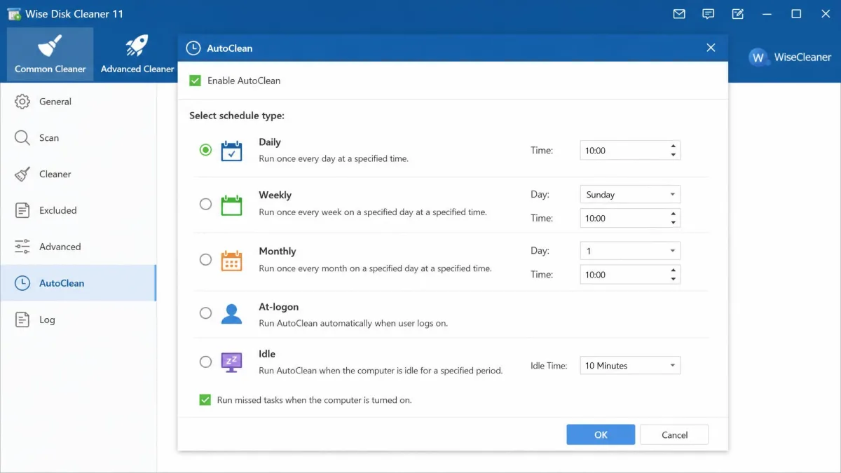 Wise Disk Cleaner's AutoClean scheduler settings, showing the daily, weekly, monthly, at-logon, and idle schedule options.