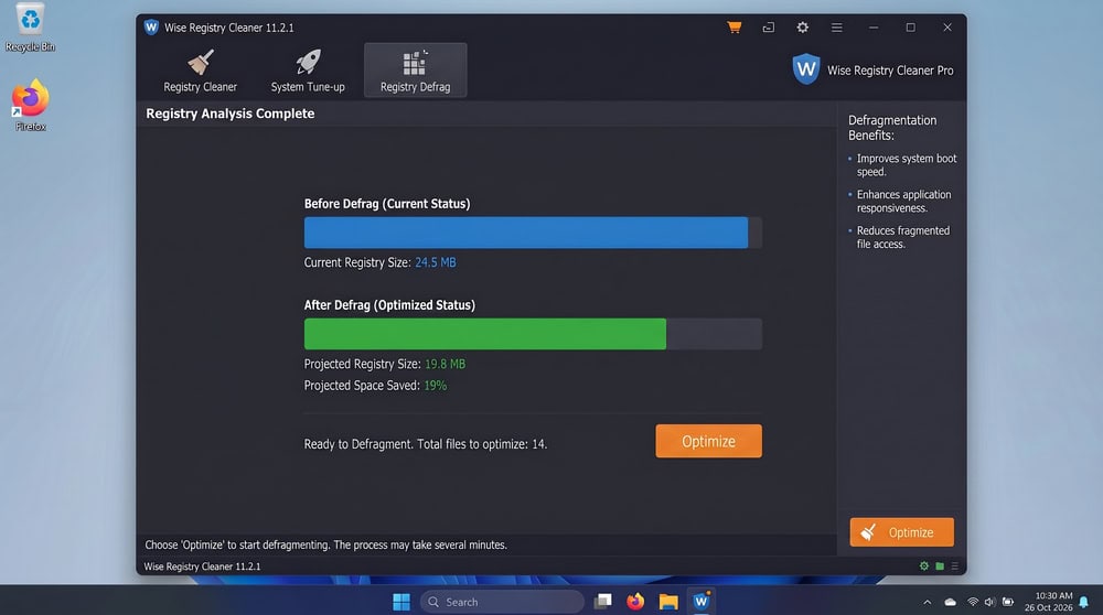 Wise Registry Cleaner registry defragment screen on Windows 11 showing a before-and-after registry size bar and an Optimize button after analysis completes.
