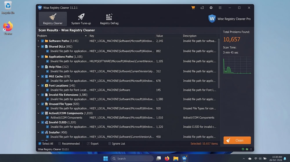 Wise Registry Cleaner scan results on Windows 11 listing invalid registry entries grouped into categories such as software paths and file extensions, each with a checkbox and a Clean button at the bottom.