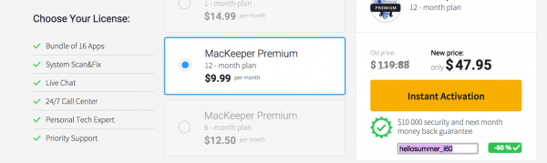 Price difference each time I loaded MacKeeper plan