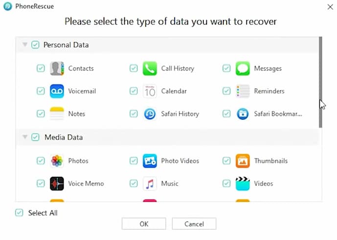 PhoneRescue recoverable data types