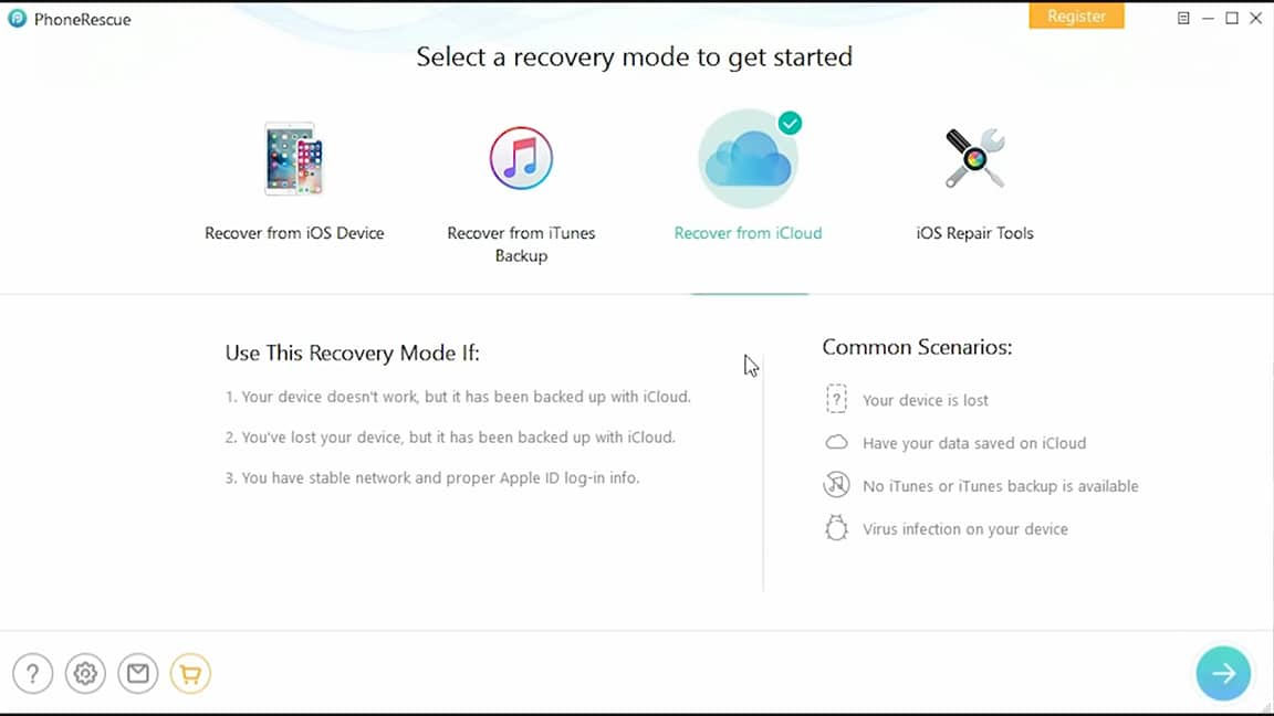 PhoneRescue recovery mode selection for iOS