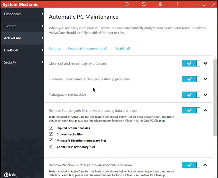 screenshot of Iolo System Mechanic ActiveCare screen