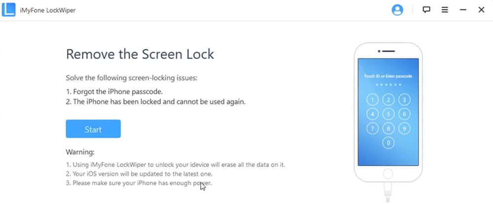 iMyFone LockWiper screenshot when starting iPhone unlock process