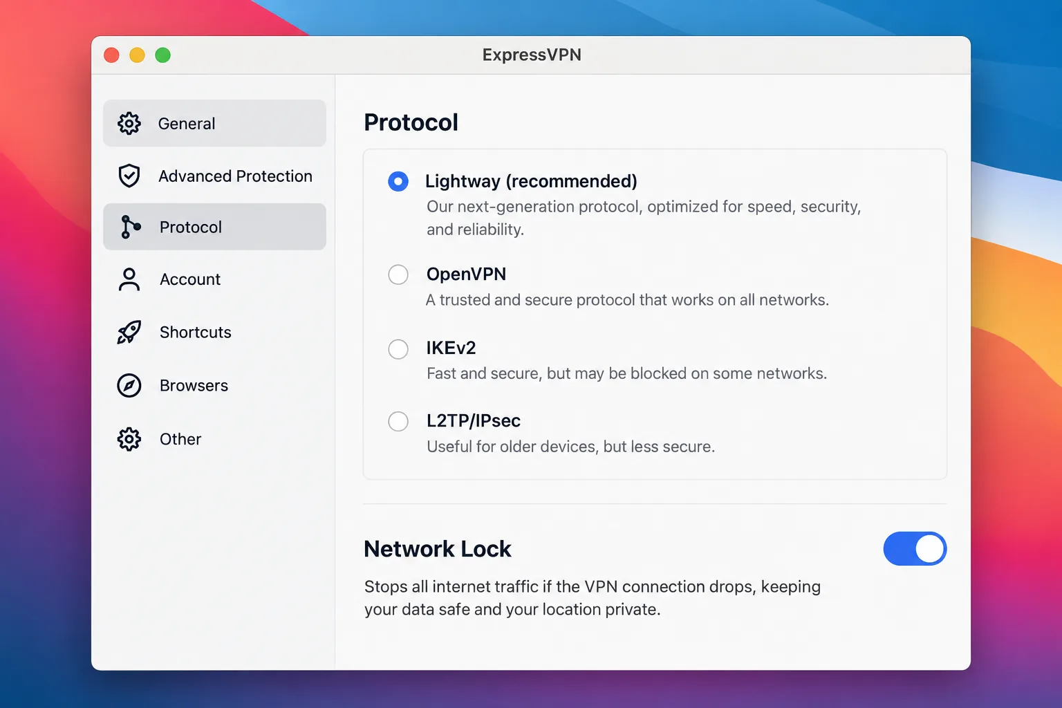 ExpressVPN's macOS settings with the Lightway protocol selected and Network Lock switched on.