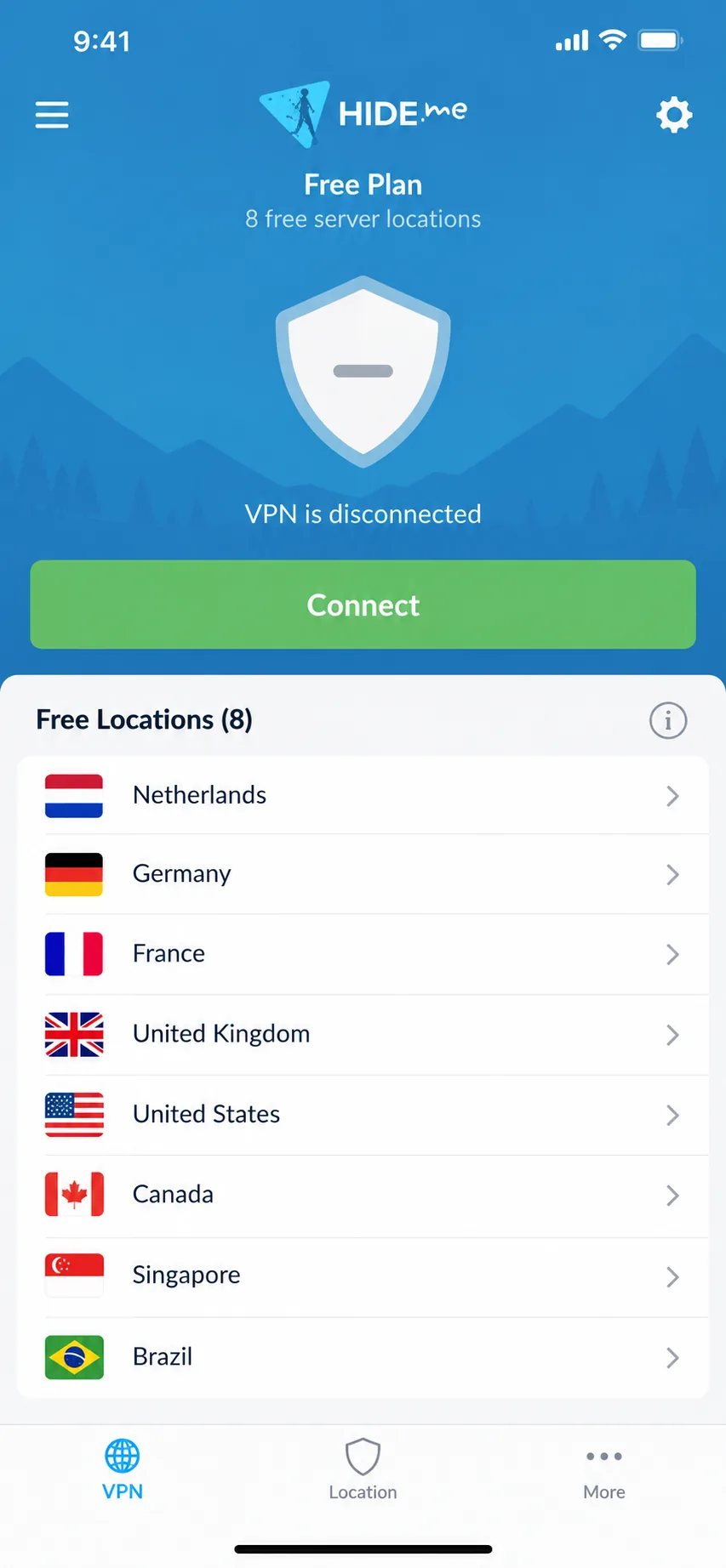 hide.me's iPhone app on the free plan showing its 8 free server locations and a connect button.
