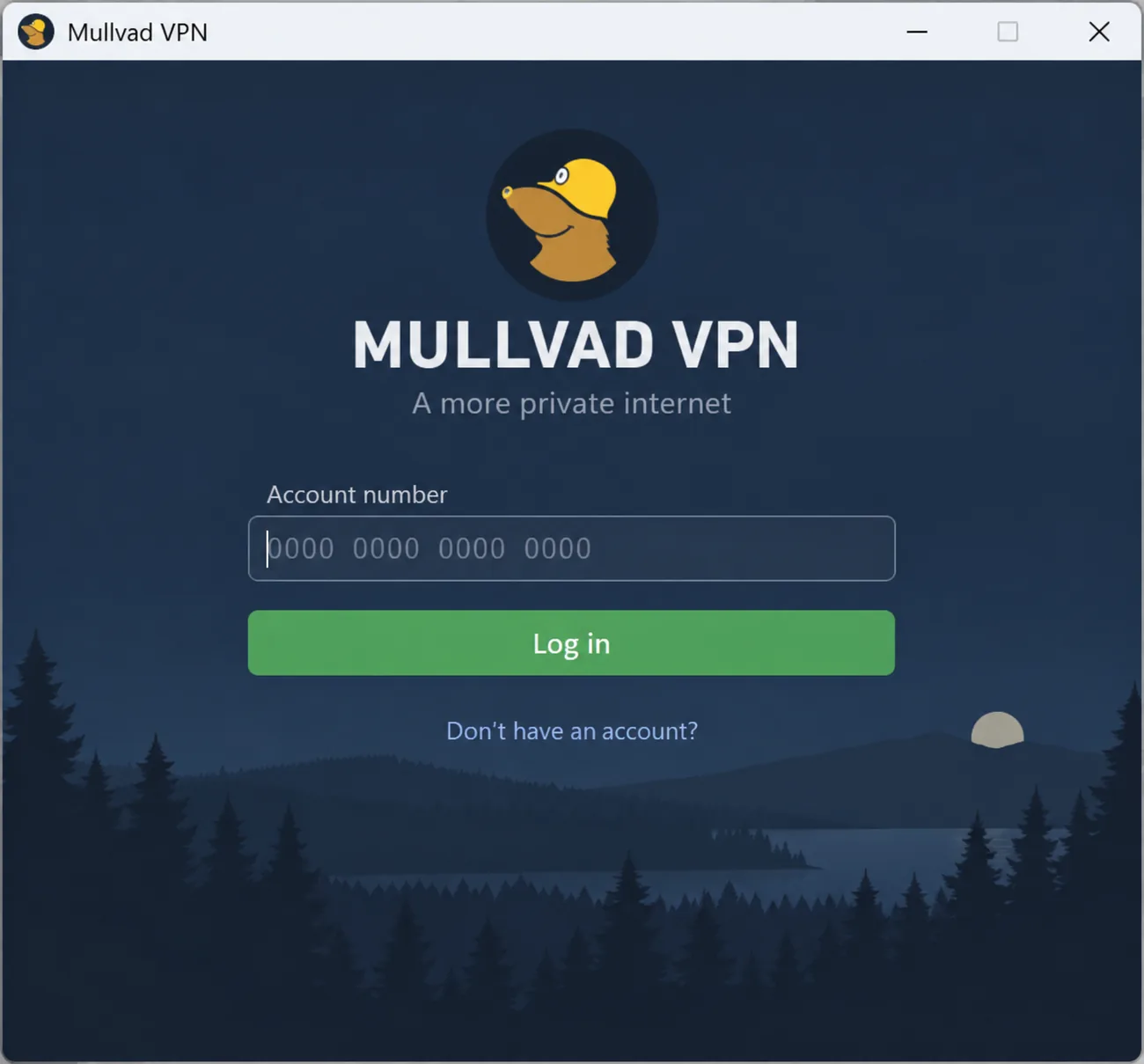 Mullvad VPN's desktop login screen asking only for a 16-digit account number, with no email field.