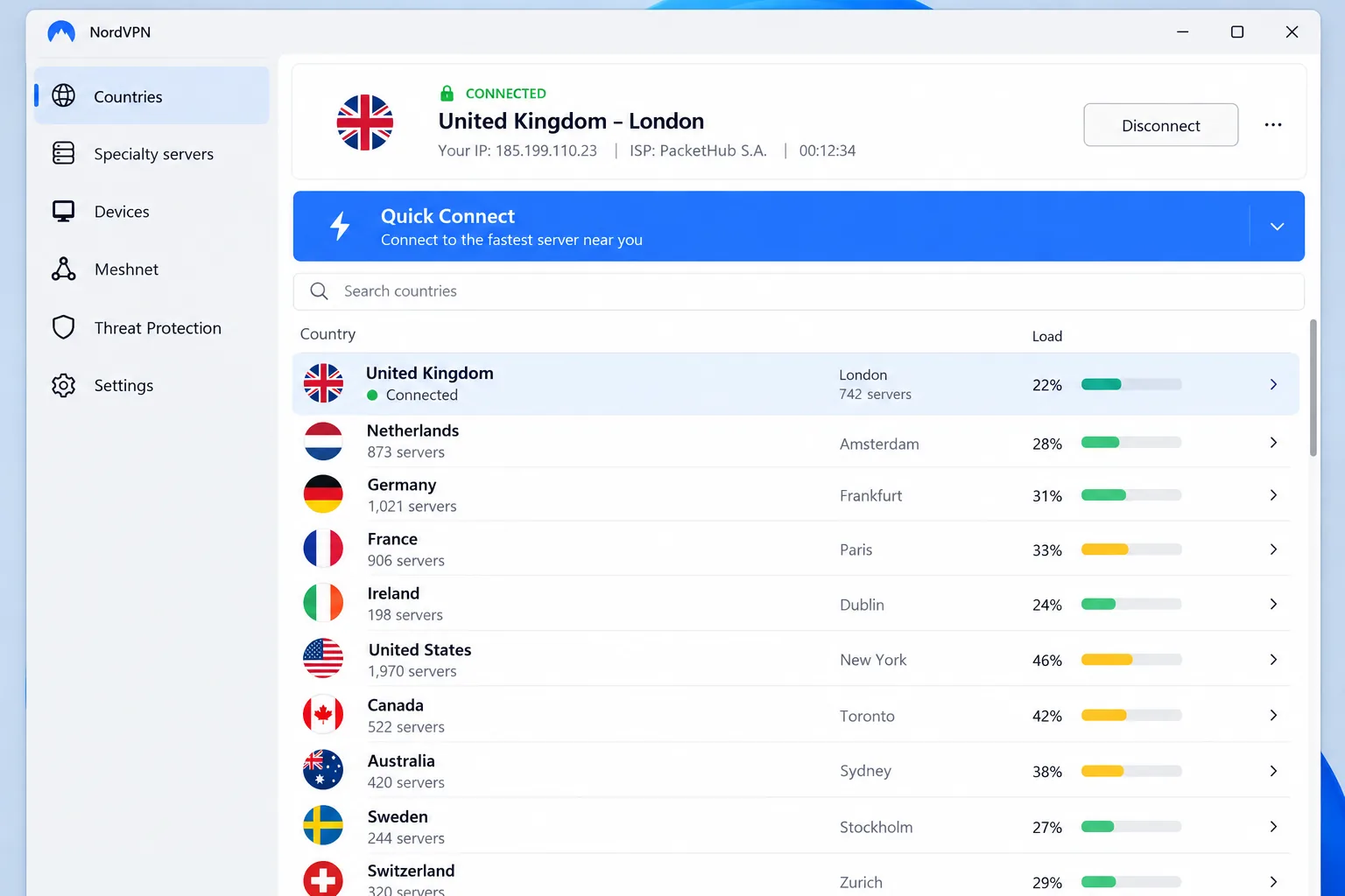 NordVPN's Windows app in list view, connected to a nearby server, with Quick Connect at the top.