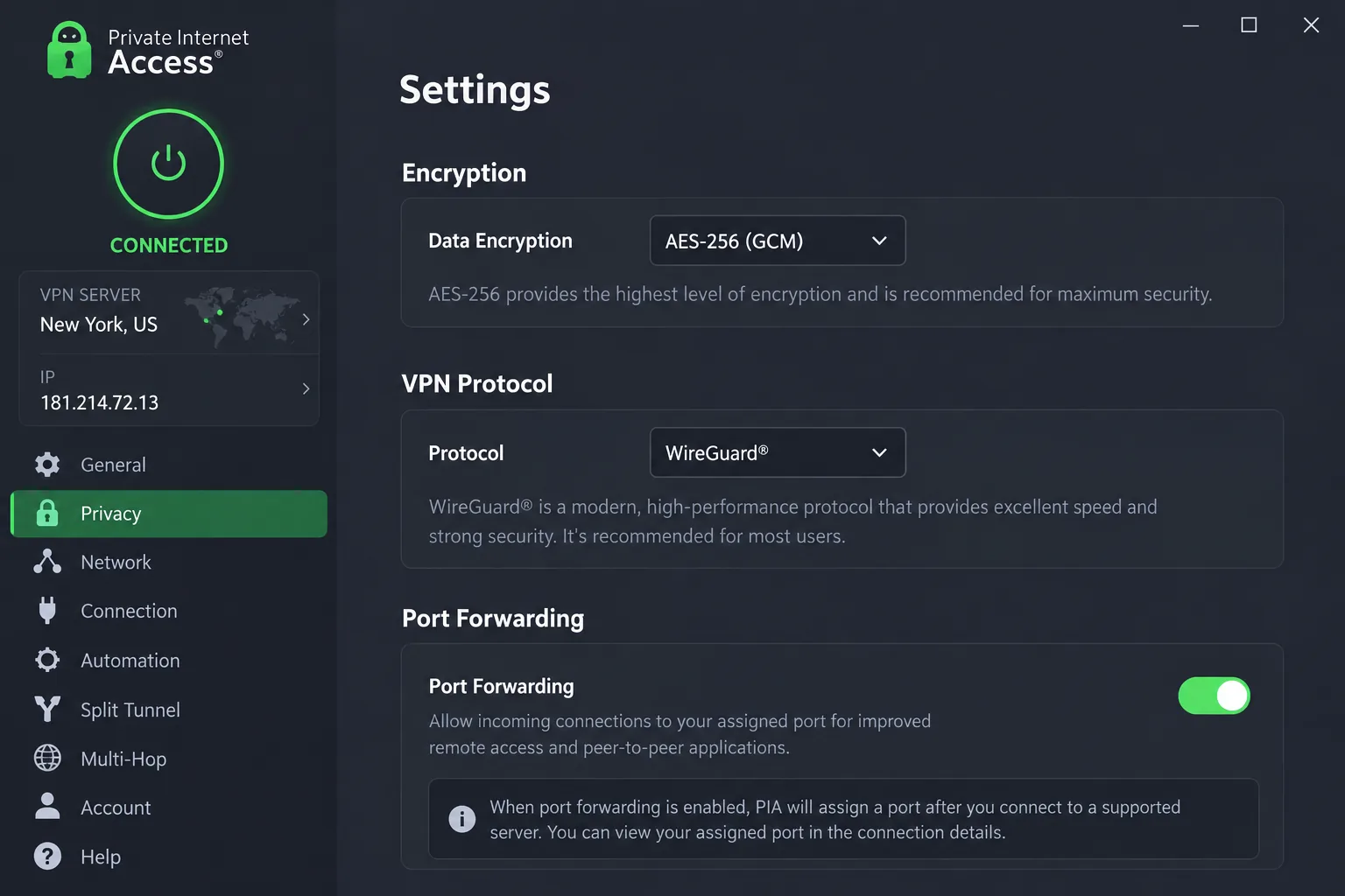 Private Internet Access desktop settings with AES-256 encryption, WireGuard and the port forwarding toggle shown.