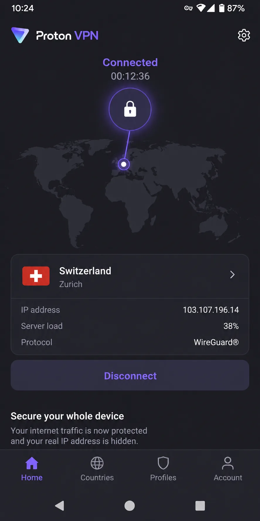 Proton VPN's free plan on an Android phone, connected to an automatically chosen server, with no advert on screen.