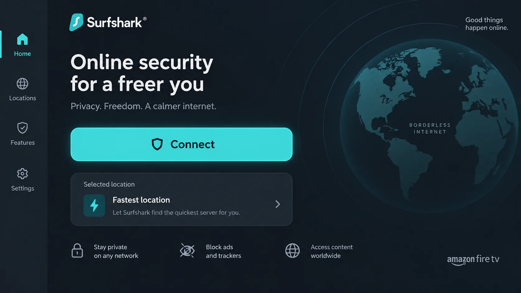 Surfshark's Fire TV app home screen with a large Connect button and the fastest location selected.