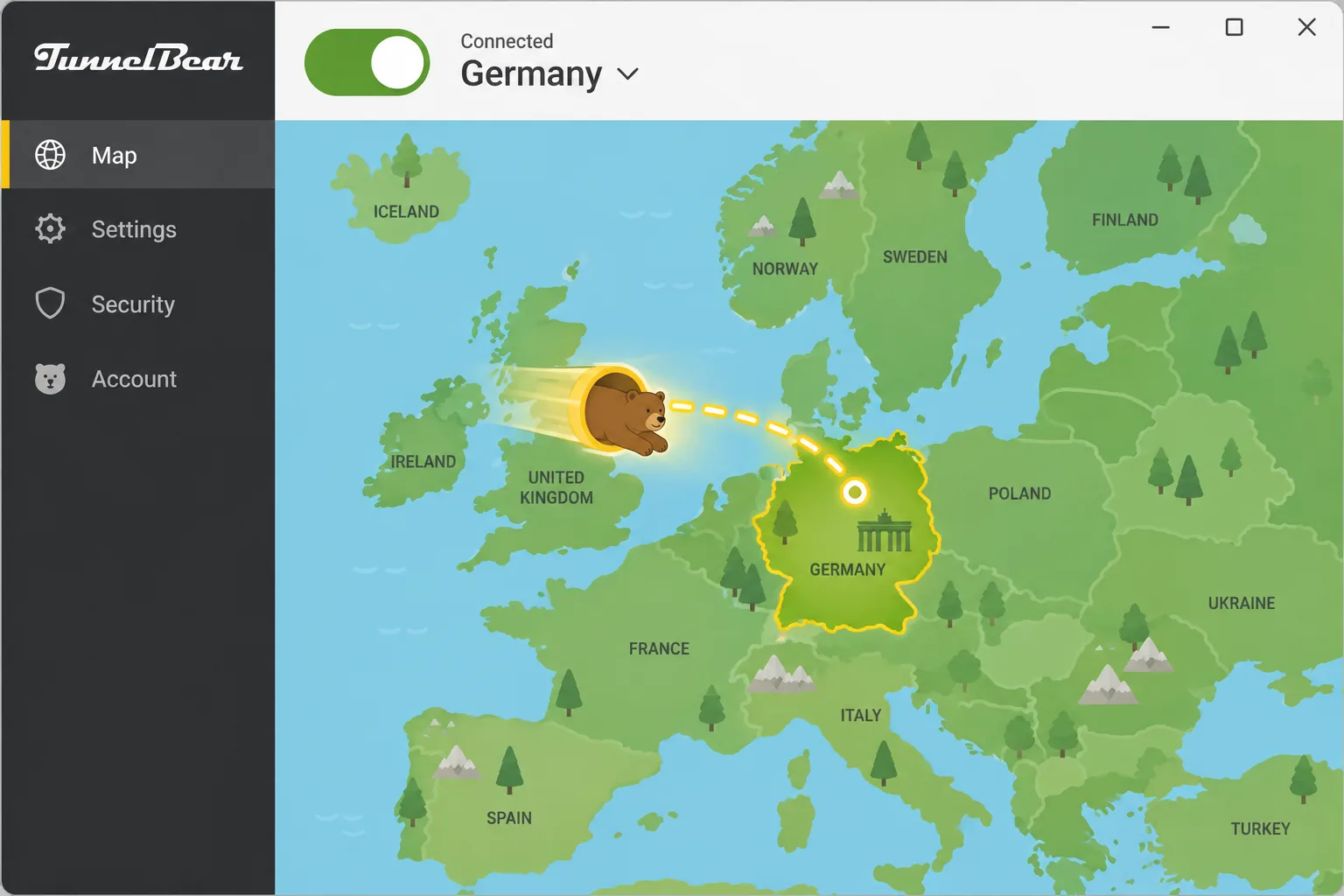 TunnelBear's desktop app in map view with the bear tunneling to a highlighted country and the toggle on.