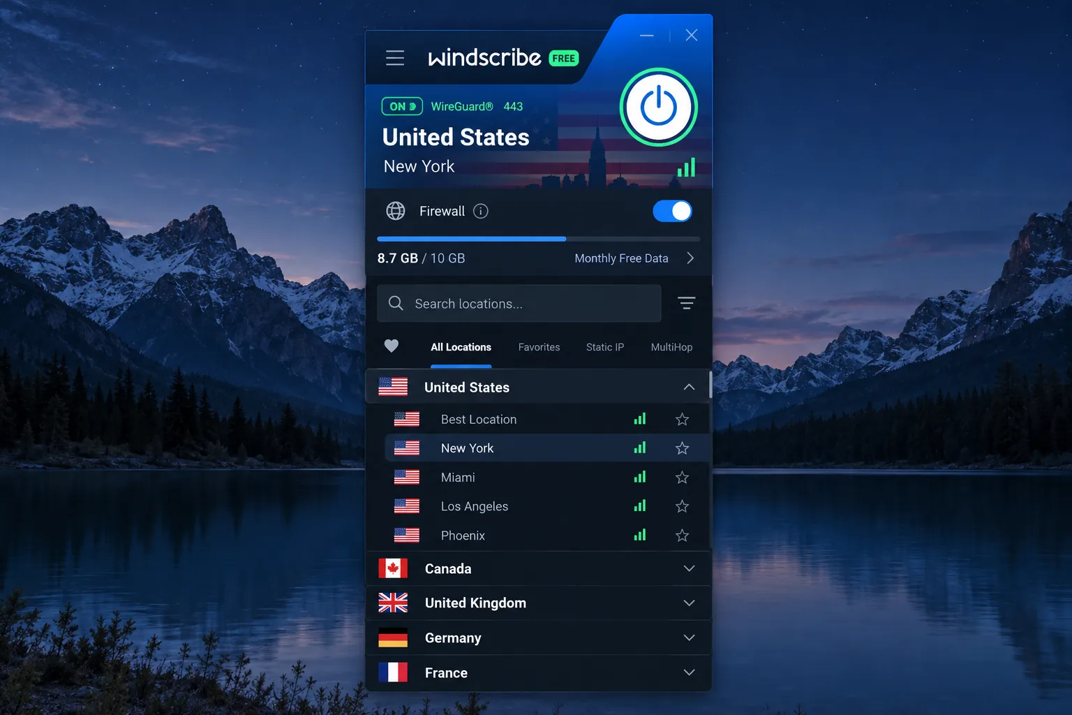 Windscribe's desktop app with the location list open and the monthly free data meter visible.