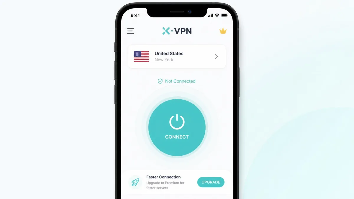 X-VPN mobile app home screen on a smartphone showing the large connect button and a selected server location above it.