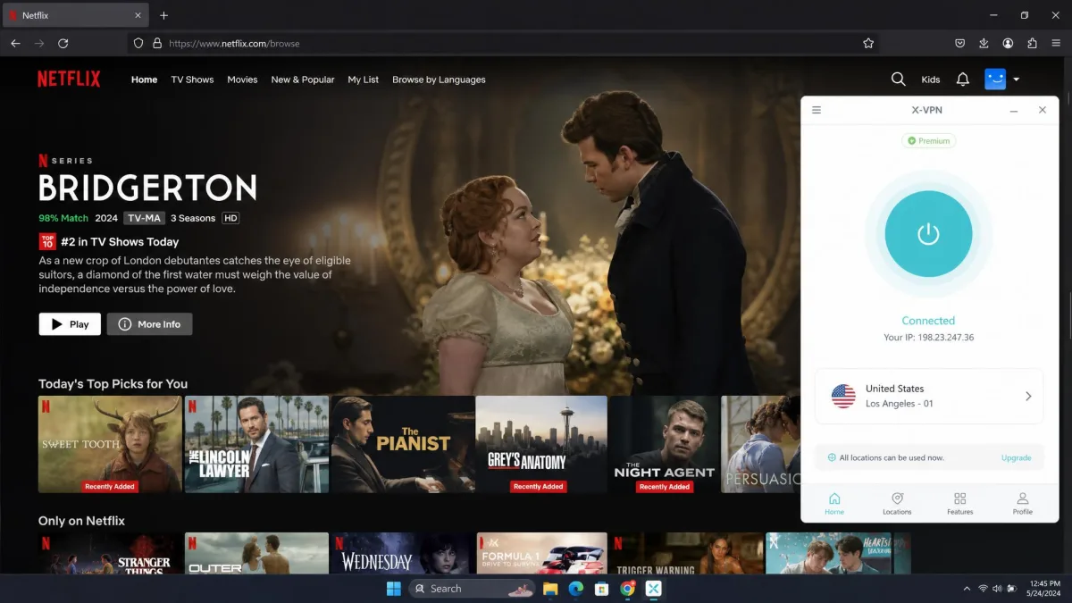 US Netflix home screen loading successfully in a browser while the X-VPN app shows an active connection to a United States server.