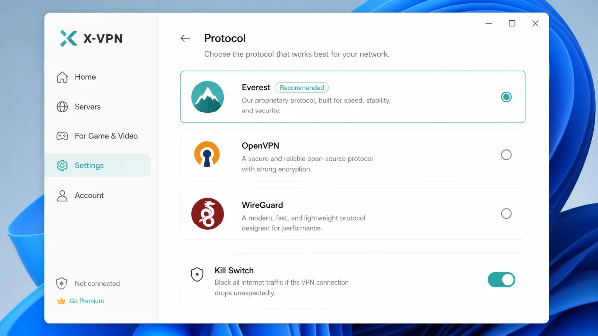 X-VPN desktop settings panel open on the protocol selection screen, showing Everest, OpenVPN, and WireGuard options with the kill switch toggle visible.