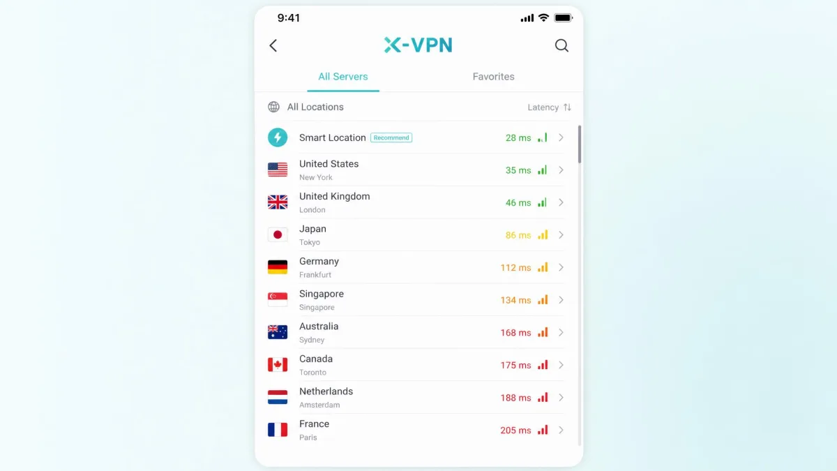 X-VPN app server list open, showing a scrollable list of country locations with connection latency indicators next to each entry.