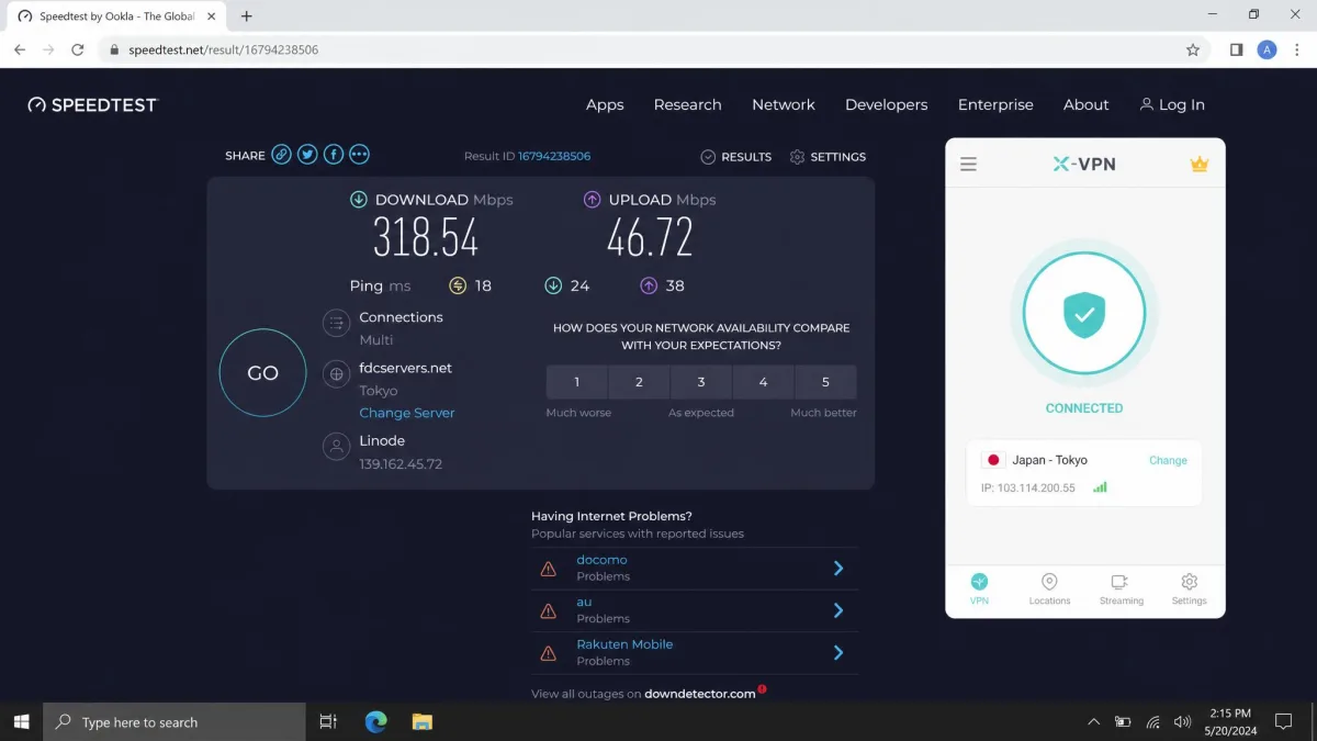 Speed test result screen showing X-VPN connected to a nearby server with download and upload figures, run in a desktop browser.