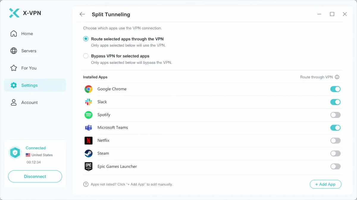 X-VPN split tunneling settings screen with a list of installed apps and toggles controlling which ones route through the VPN.