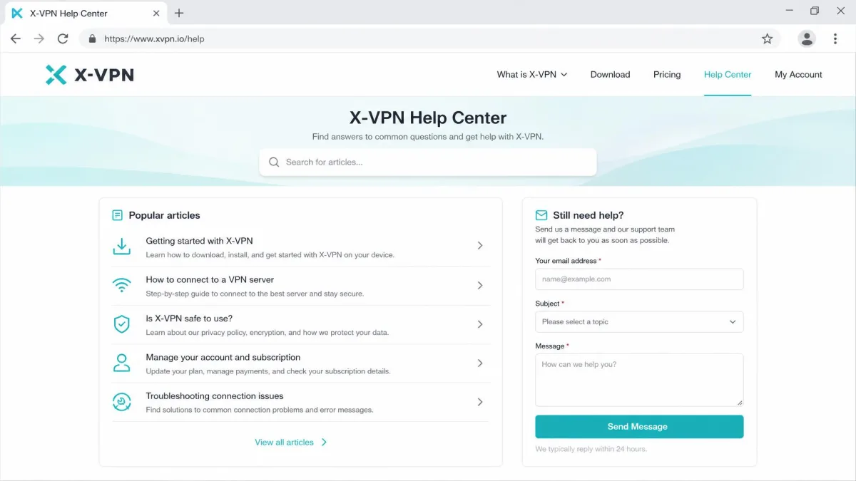 X-VPN help center page open in a browser showing a short list of support articles and a contact form.