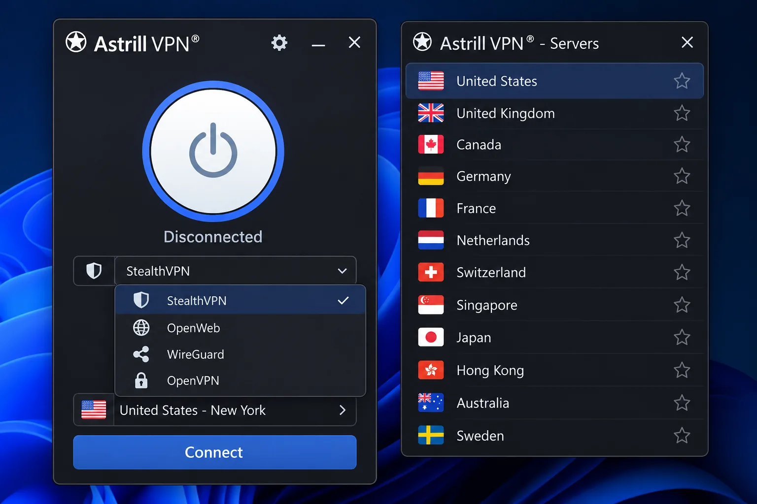Astrill VPN's desktop app with the protocol drop-down open, listing StealthVPN, OpenWeb, WireGuard and OpenVPN, and a server list without a search bar.