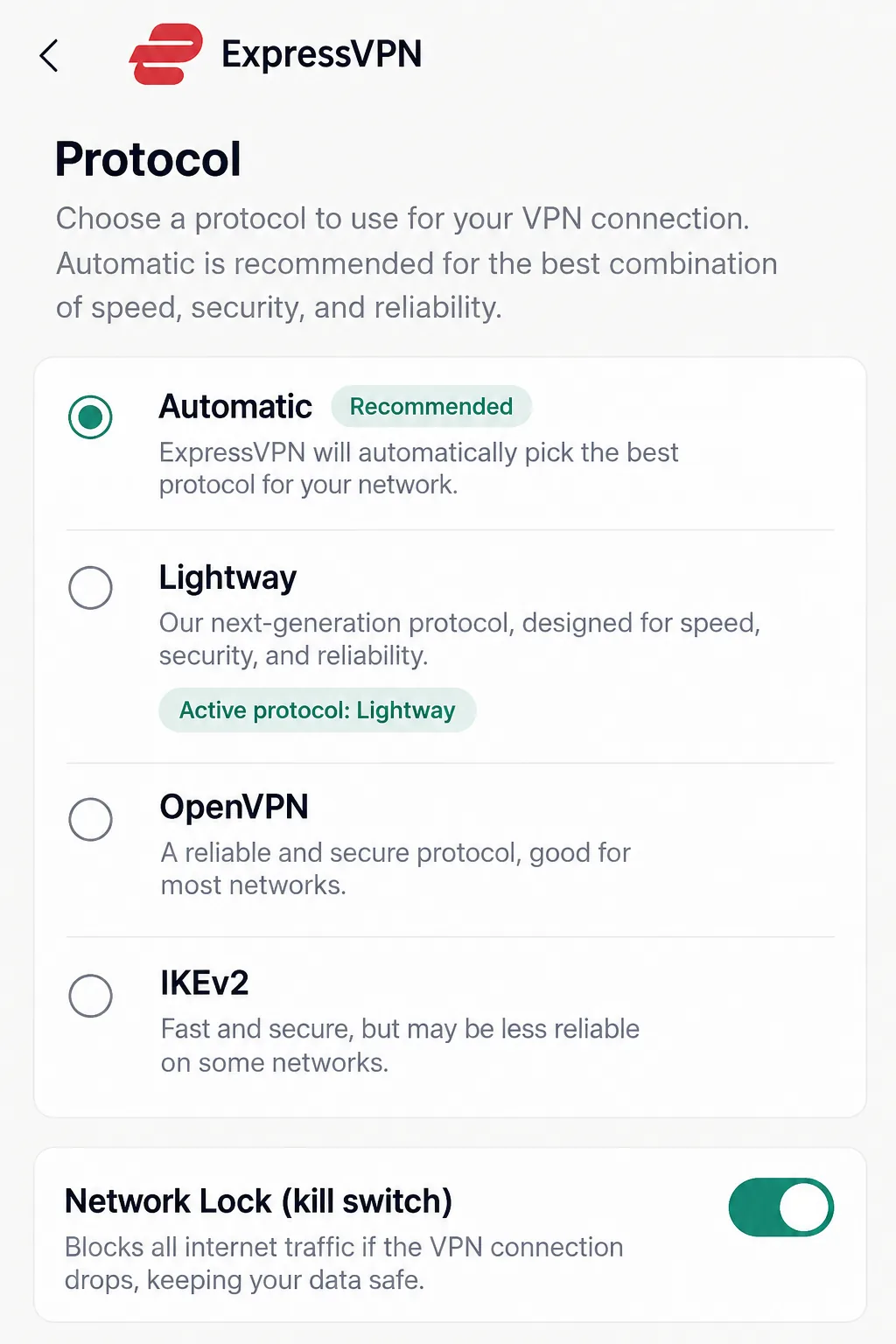 ExpressVPN's protocol settings screen with Automatic selected and Lightway shown as the active protocol, plus the Network Lock kill switch toggle.