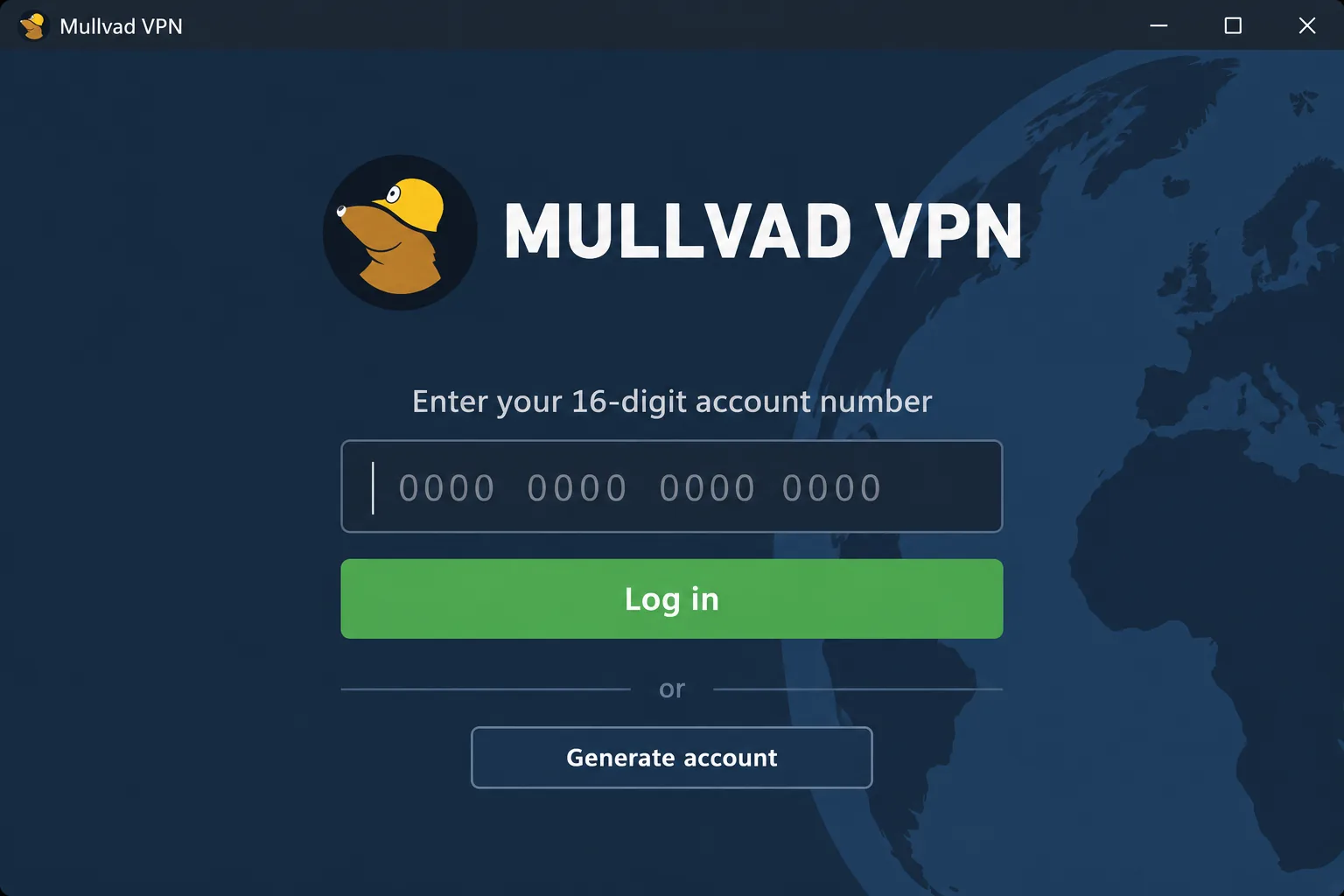 Mullvad VPN's login screen asking only for a 16-digit account number, with no email or password field, beside the Generate account button.