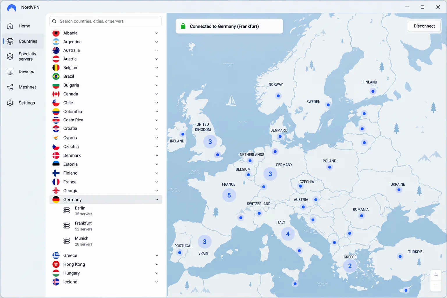 NordVPN's desktop app in list view with the country list expanded to city-level servers, next to the map view that needs zooming to reach the same cities.