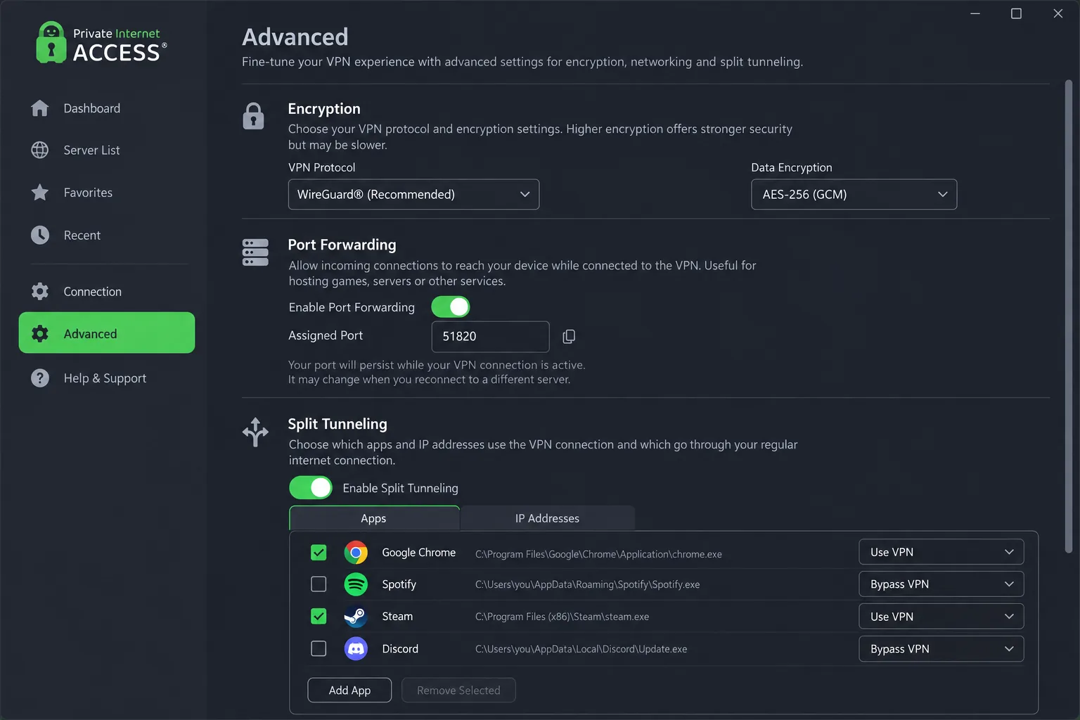 Private Internet Access's desktop app with the advanced settings panel open, showing encryption, port forwarding and split tunneling options in a long scrolling list.
