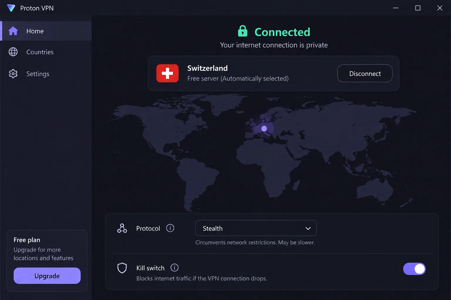 Proton VPN's Windows app connected on the free plan, showing the automatically chosen server country, the Stealth protocol selected and the kill switch toggle switched on.