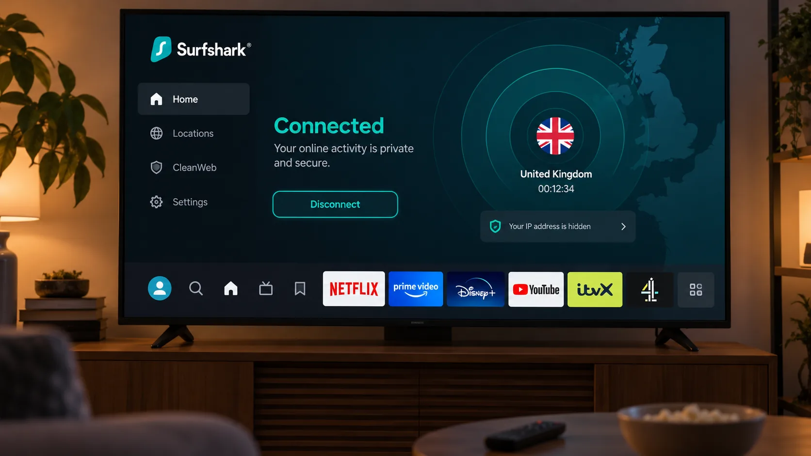 Surfshark's native Fire TV app on a living-room television, connected to a UK server with the Netflix app tile visible in the launcher row below.