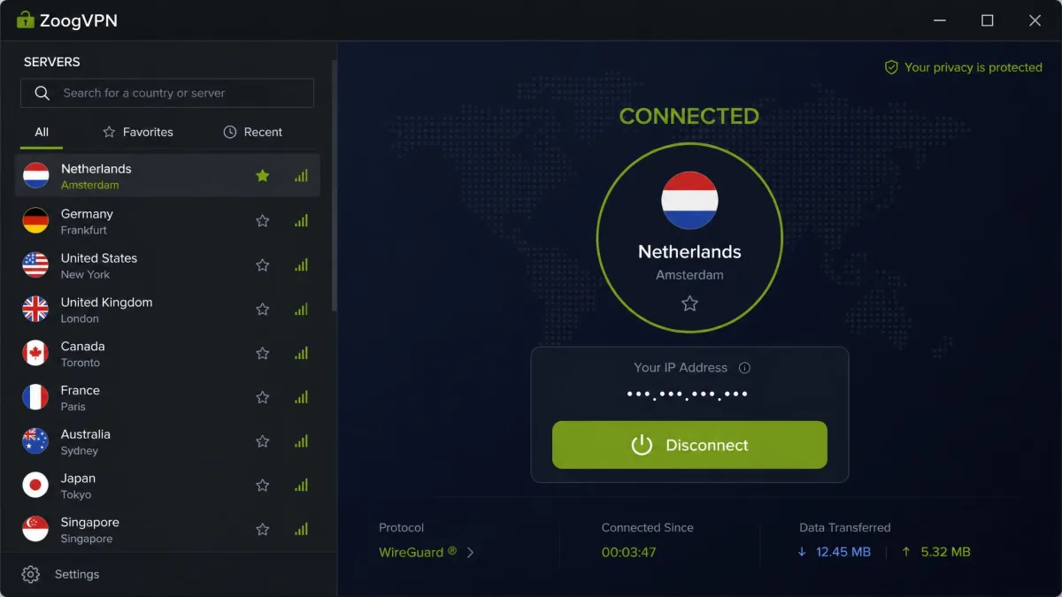 ZoogVPN Windows app showing a connected session to a Netherlands server, with the connect button green, the current IP address masked, and the server list open on the left.