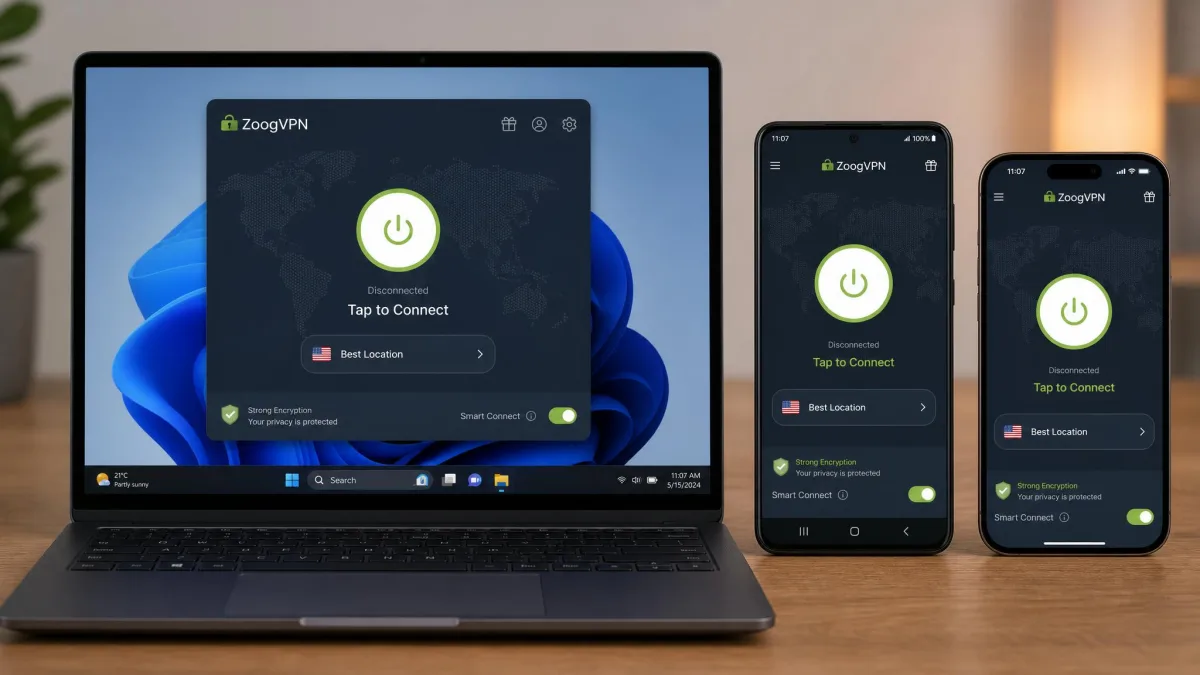 ZoogVPN apps shown running on a Windows laptop, an Android phone and an iPhone side by side, each on the main connect screen.