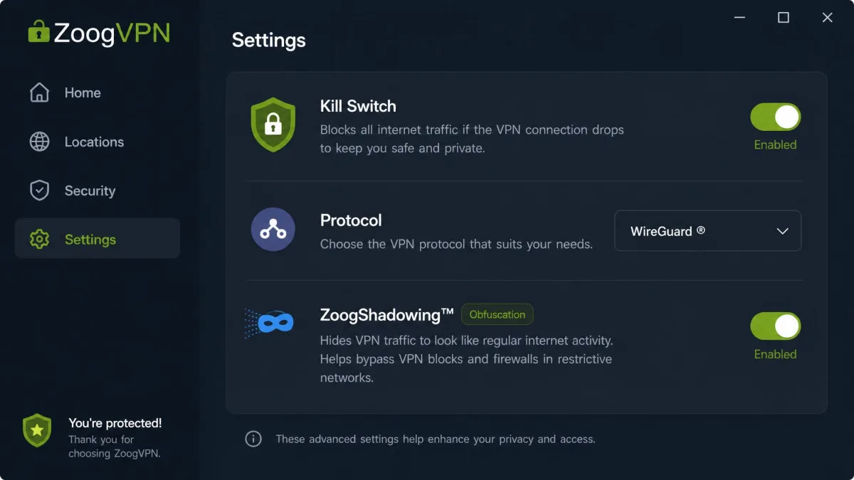 ZoogVPN settings screen showing the kill switch toggle enabled, protocol selection, and the ZoogShadowing obfuscation option with a short description.