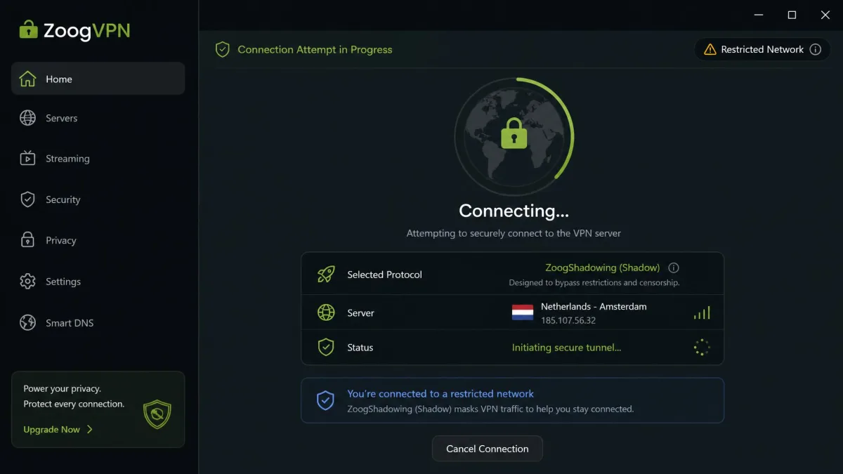 ZoogVPN app showing the ZoogShadowing Shadow protocol selected and a connection attempt in progress to a server from a restricted network.