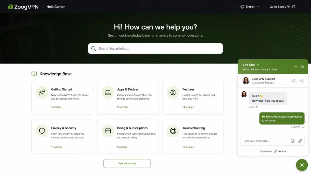 ZoogVPN help center page showing the knowledge base categories and a live chat widget open in the lower right corner.